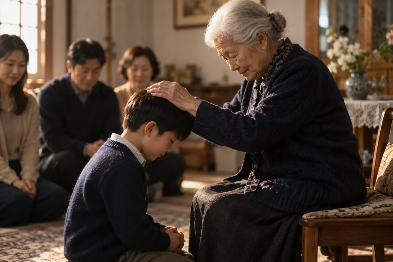 아이의 머리에 손을 얹고 축복하는 노년의 성도