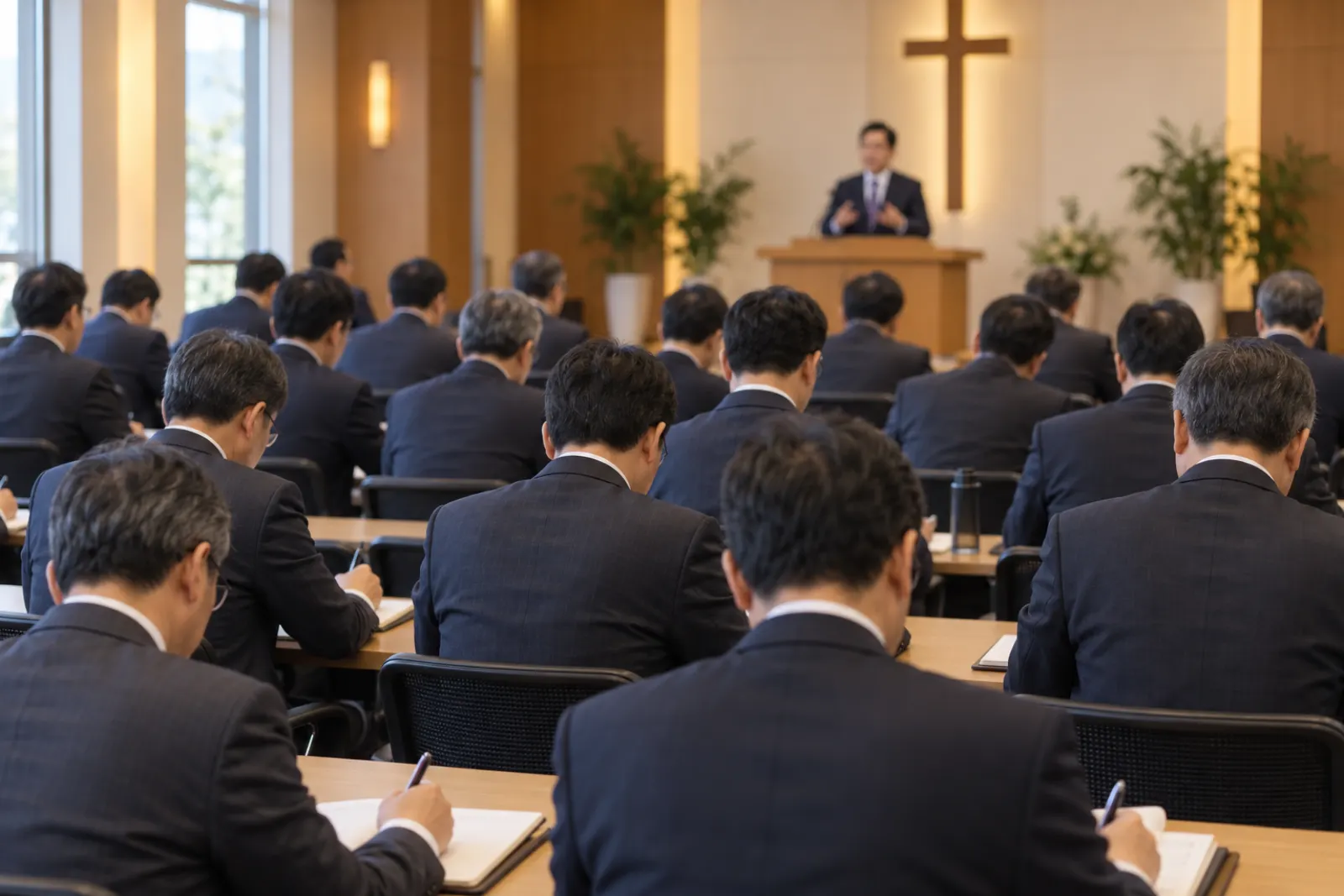 강의를 들으며 필기하는 목회자들