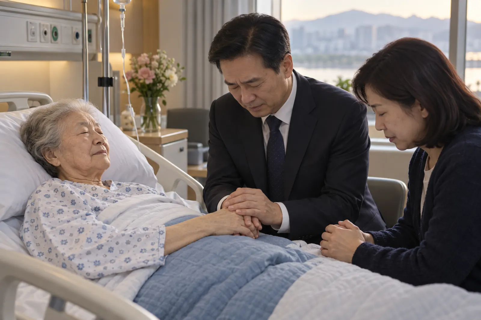 병상 곁에서 손을 잡고 기도하는 모습