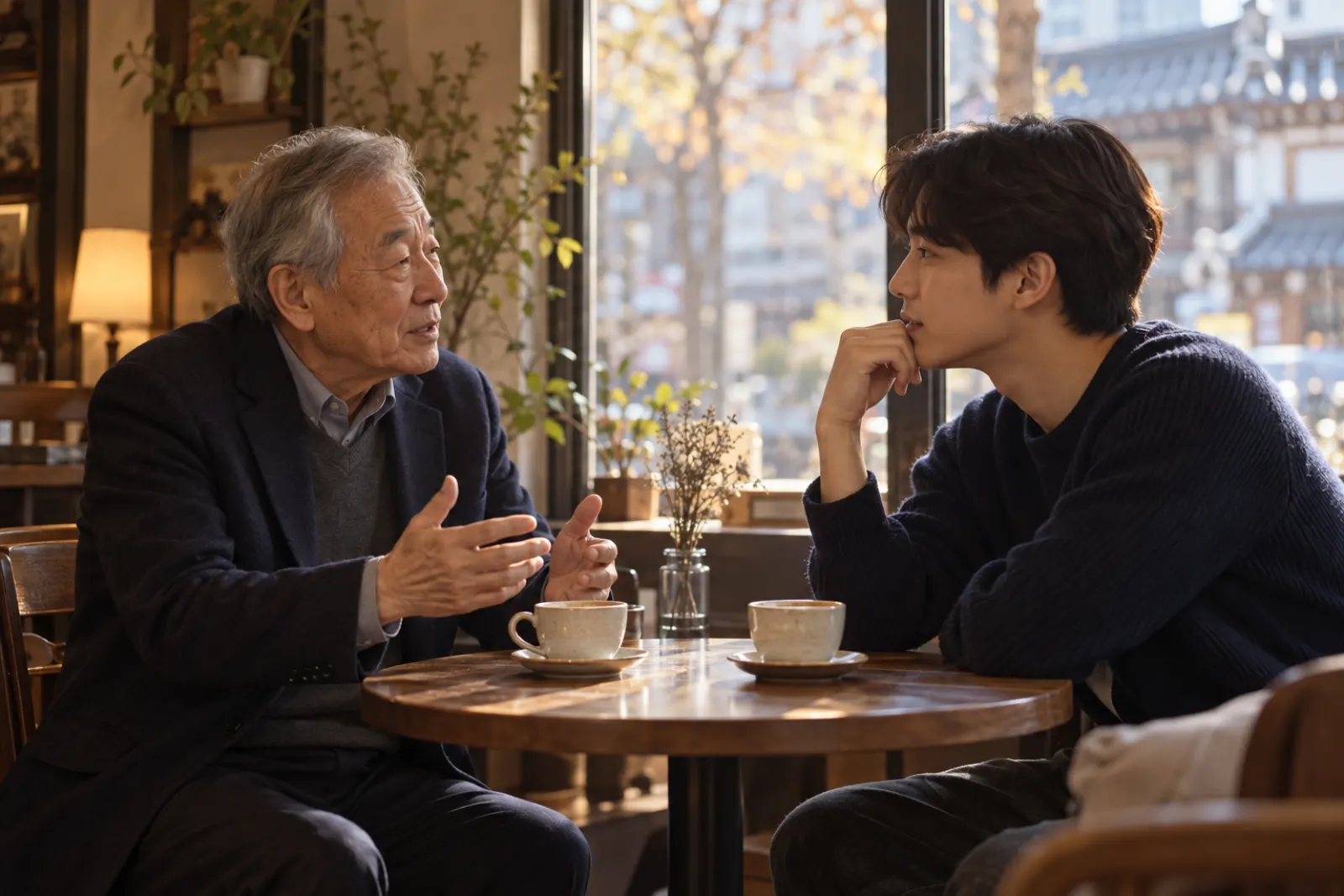 노년 성도와 청년이 마주 앉아 대화하는 모습
