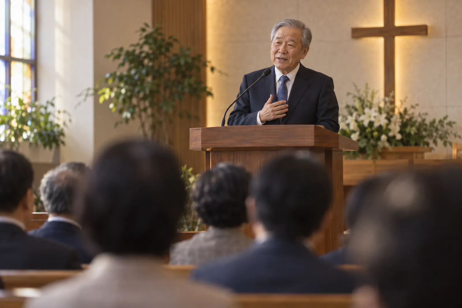 강단에서 간증하는 노년 성도