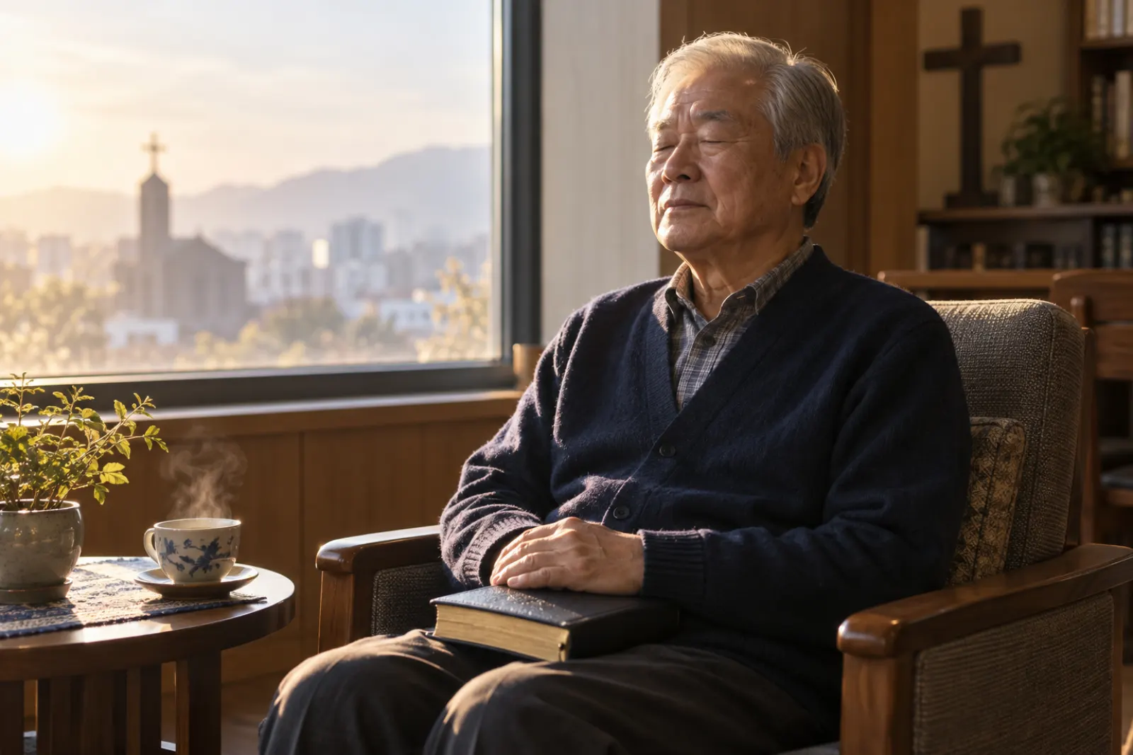 이른 아침 창가에서 묵상하는 노년