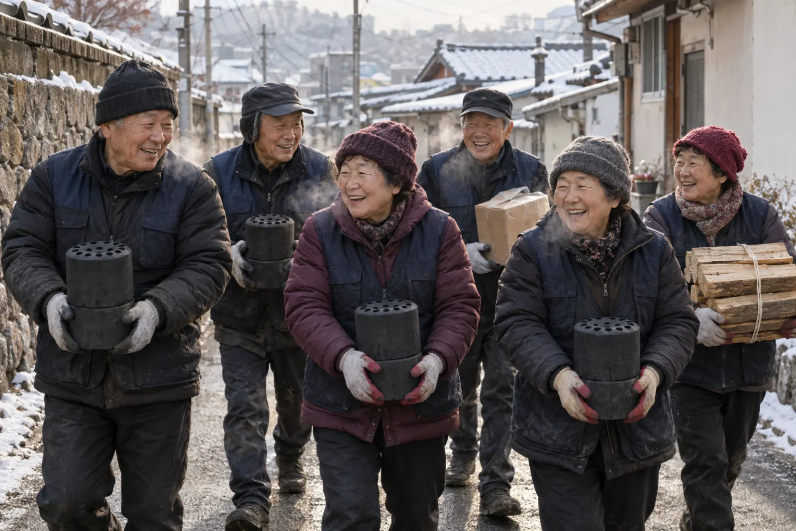 겨울 골목에서 봉사하는 시니어들